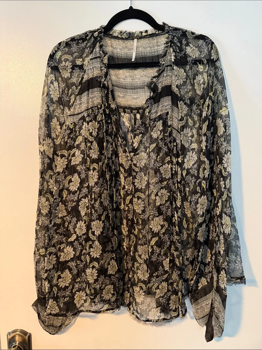 Free People Sheer Black Floral Blouse